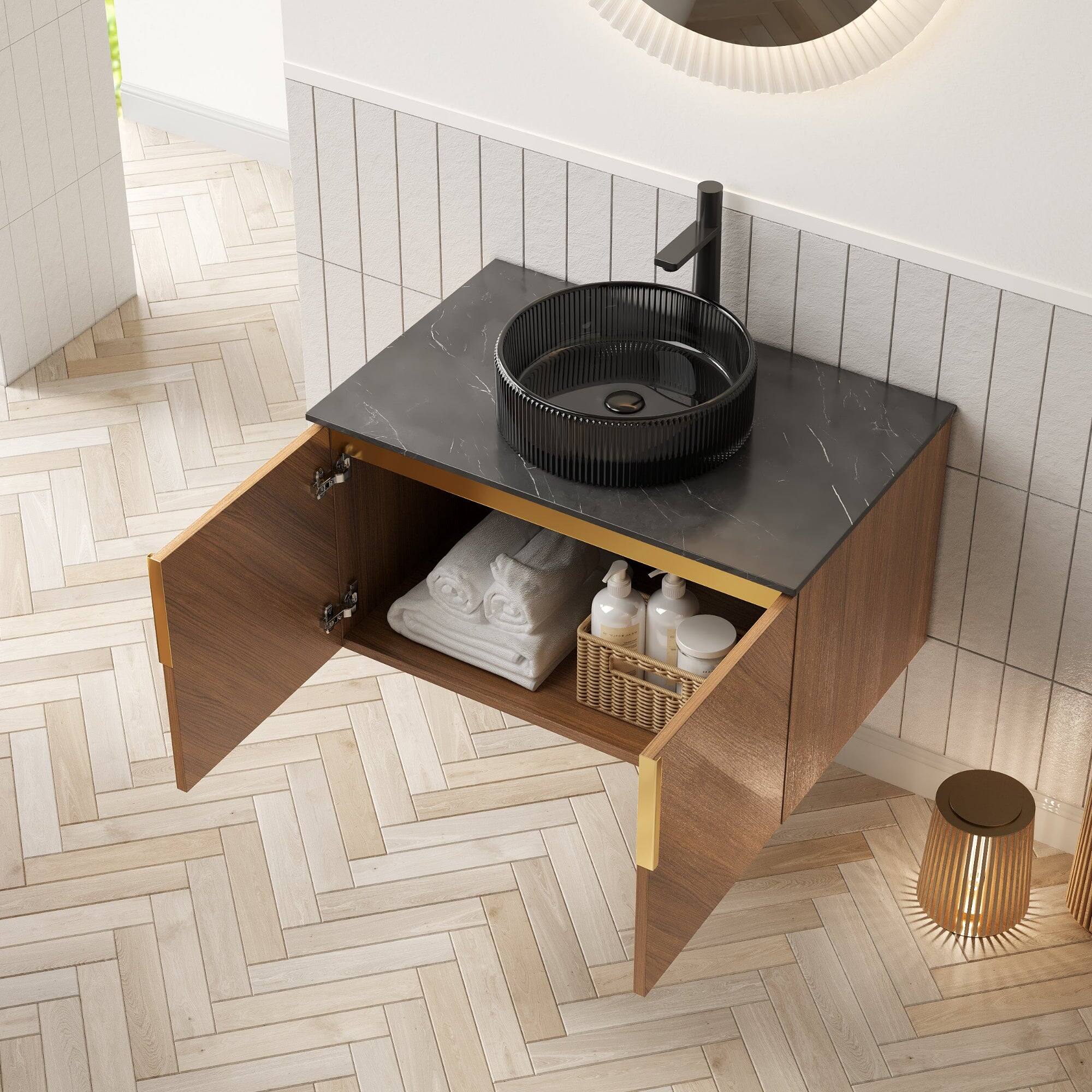 Alt View 2. Boyel Living - 30 Bathroom Vanity with Transparent Black Round Glass Basin Black Sintered Stone Top - Black,Espresso.