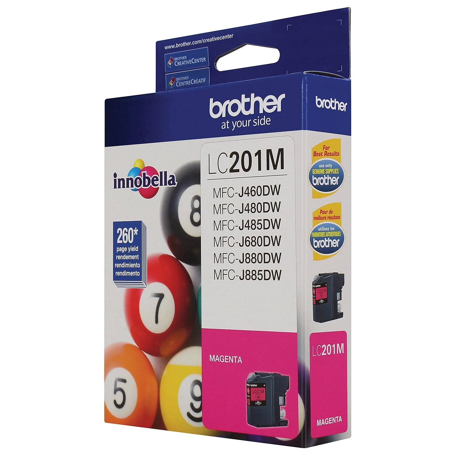 www.brother.com/creativecenter  
ELECT CREATIVECENTER  
BRTH CENTRECREATIF  
brother at your side  

For Best Results  
LC201M  
GENUINE INK SUPPLIES  
LDE only  
innobella  
MFC-J460DW  
MFC-J480DW  
MFC-J485DW  
MFC-J680DW  
MFC-J880DW  
MFC-J885DW  

260* page yield  
rendement  
rendimiento  
rendimento  

LC201M MAGENTA  
C2M  
MAGENTA  

For Best Results  
use only  
GENUINE SUPPLIES  
brother  

Pour de meilleurs résultats  
utilisez  
seulement les  
genuine de  
brother  

LC201M MAGENTA