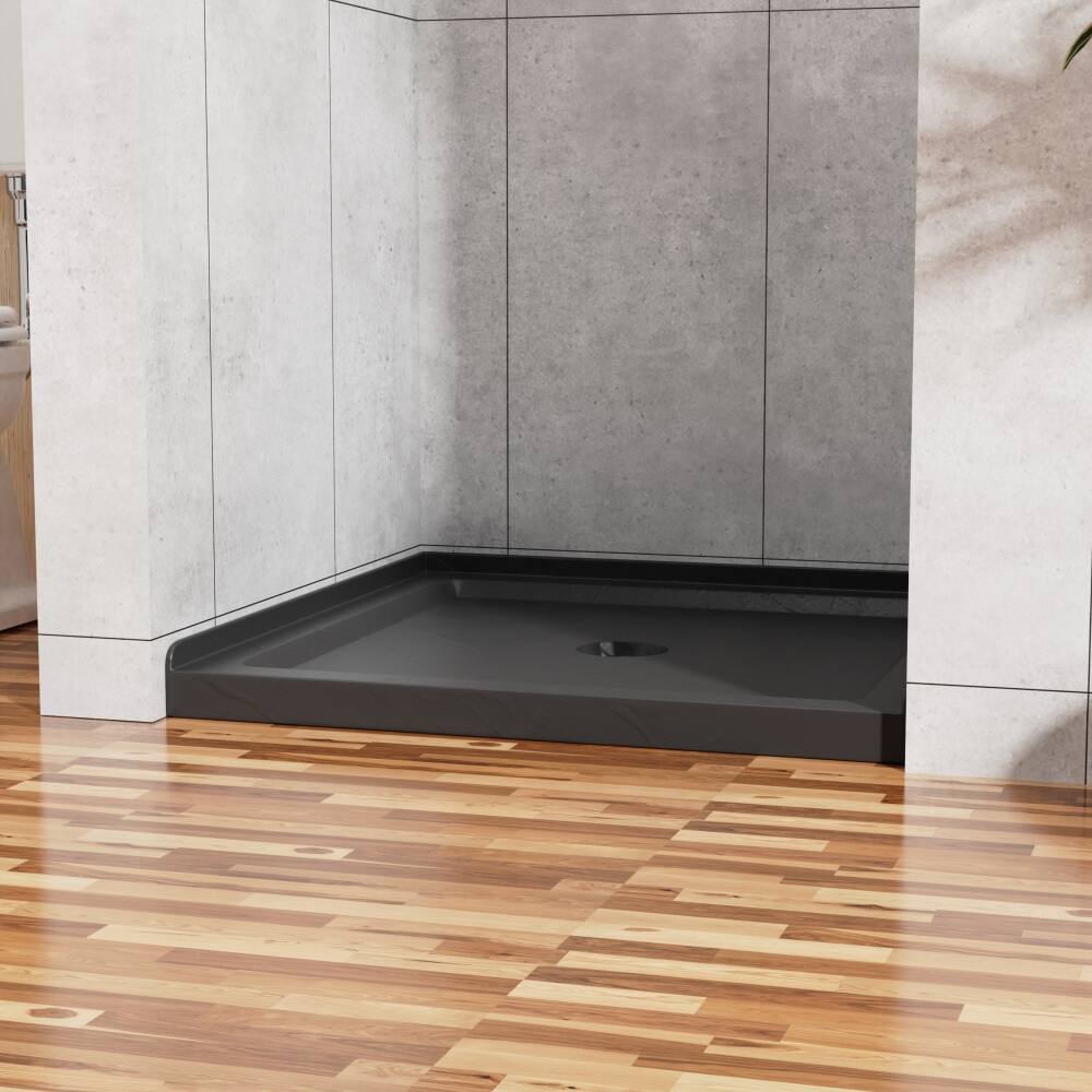 Back. JUJABU - 36"x36" Shower Base 3.5" Height Anti-slip Acrylic Center Drain Single Threshold Shower Base in Slate Black - Black.