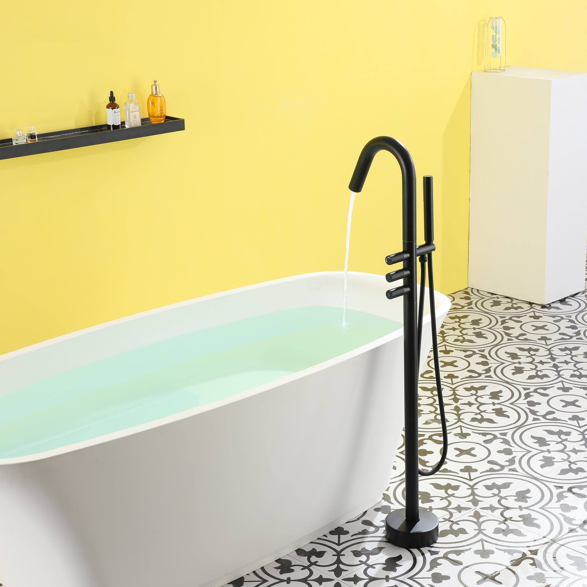 Alt View 5. Boyel Living - Freestanding Floor Mount Single Handle Bath Tub Filler Faucet with Handheld Shower and Water Supply Lines in Matte Black - Matte Black.