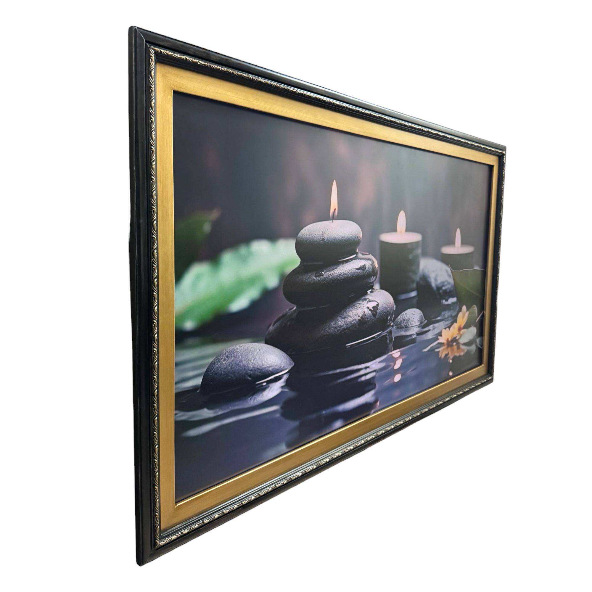 Angle. LAREDO FRAME FACTORY - 75 inch Handmade wood For TCL A300W NXTVISION Tv - TRUE BLACK STAIN WITH GOLD.