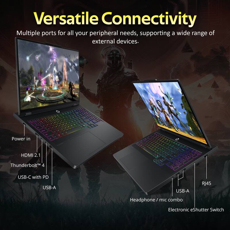 Versatile Connectivity  
Multiple ports for all your peripheral needs, supporting a wide range of external devices.  

- Power in  
- HDMI 2.1  
- Thunderbolt™ 4  
- USB-C with PD  
- USB-A  
- USB-A  
- RJ45  
- Headphone / mic combo  
- Electronic eShutter Switch