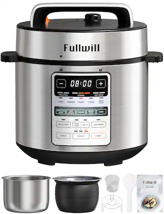 Fullwill - 08:00 + PREHEATING COOKING KIAP WARM SOUP PORRIDGE YOGURT STEAM MEAT STEW PRESSURE RICE COOK GRAIN POULTRY BEANS CHILI CAKE DELAY START SLOW COOK SAUTE KEEP WARM LOW MEDIUM HIGH CANCEL TEMP SET START