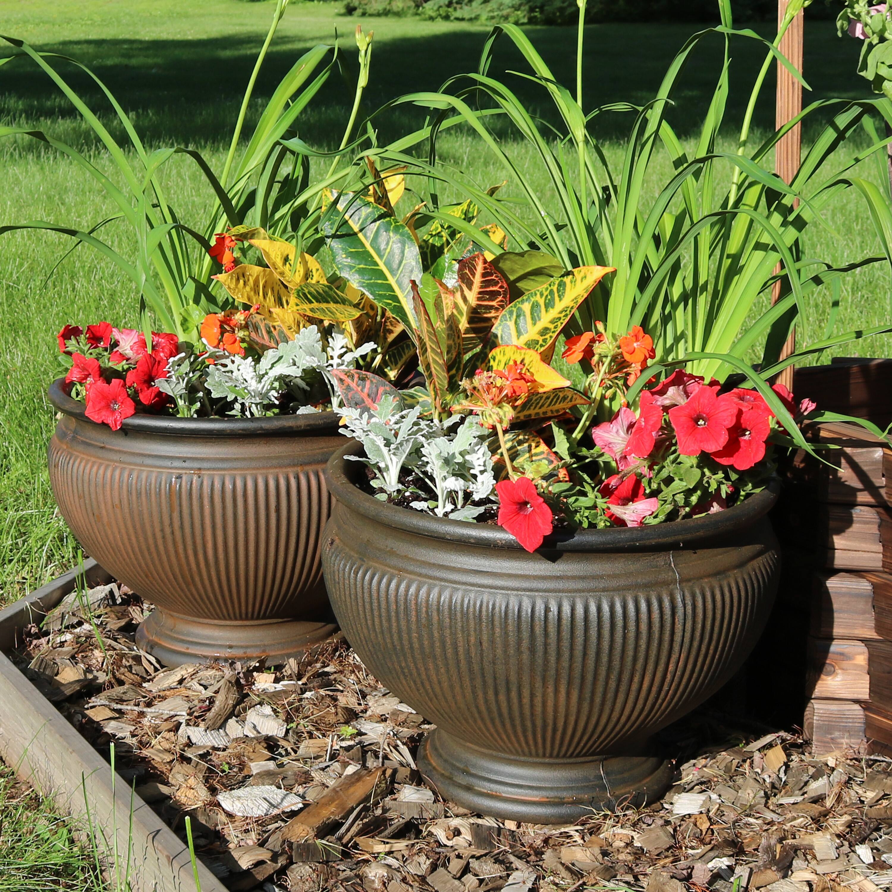 Alt View 1. Sunnydaze - 15 in Elizabeth Ribbed Urn Polyresin Planter - Set of 4 - Rust.