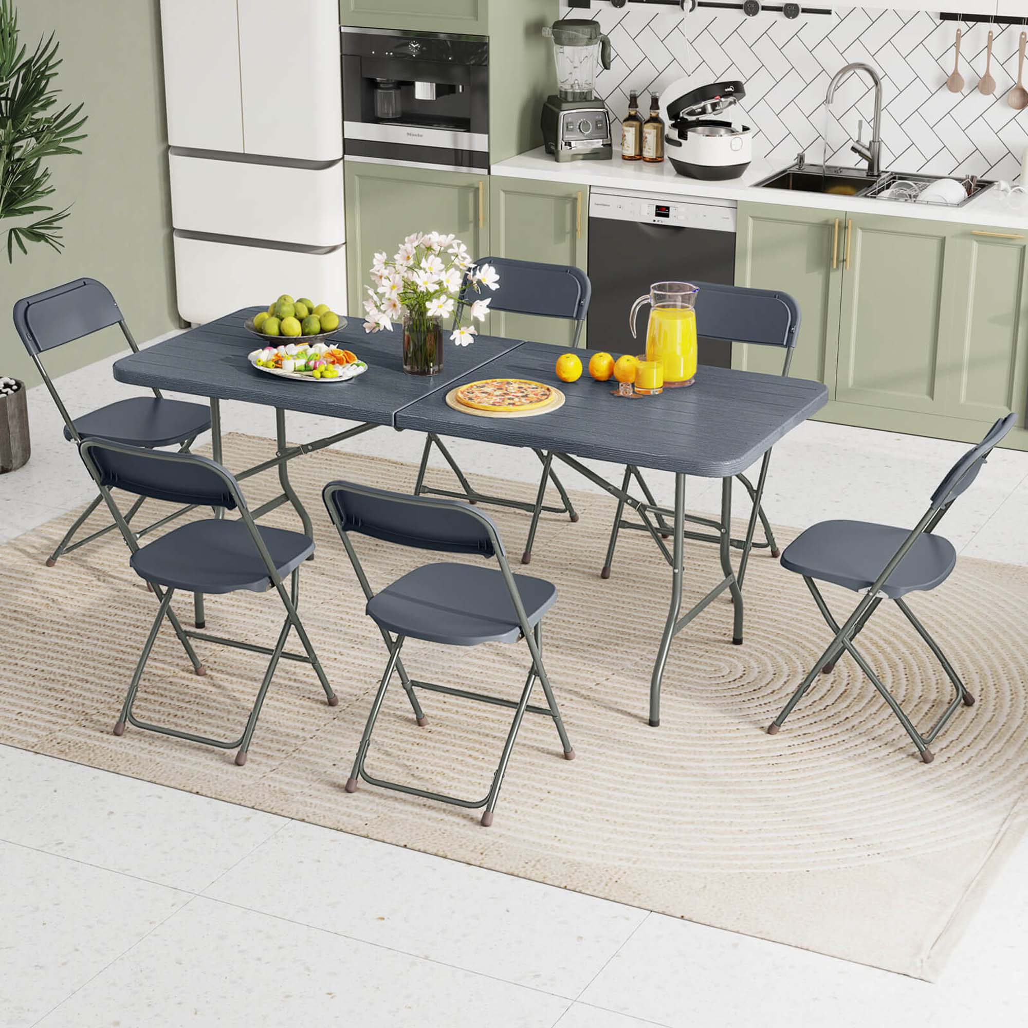 Alt View 4. Costway - Costway 6 ft Portable Folding Table with Wood Grain HDPE Tabletop Safe Lock Mechanism - Gray.