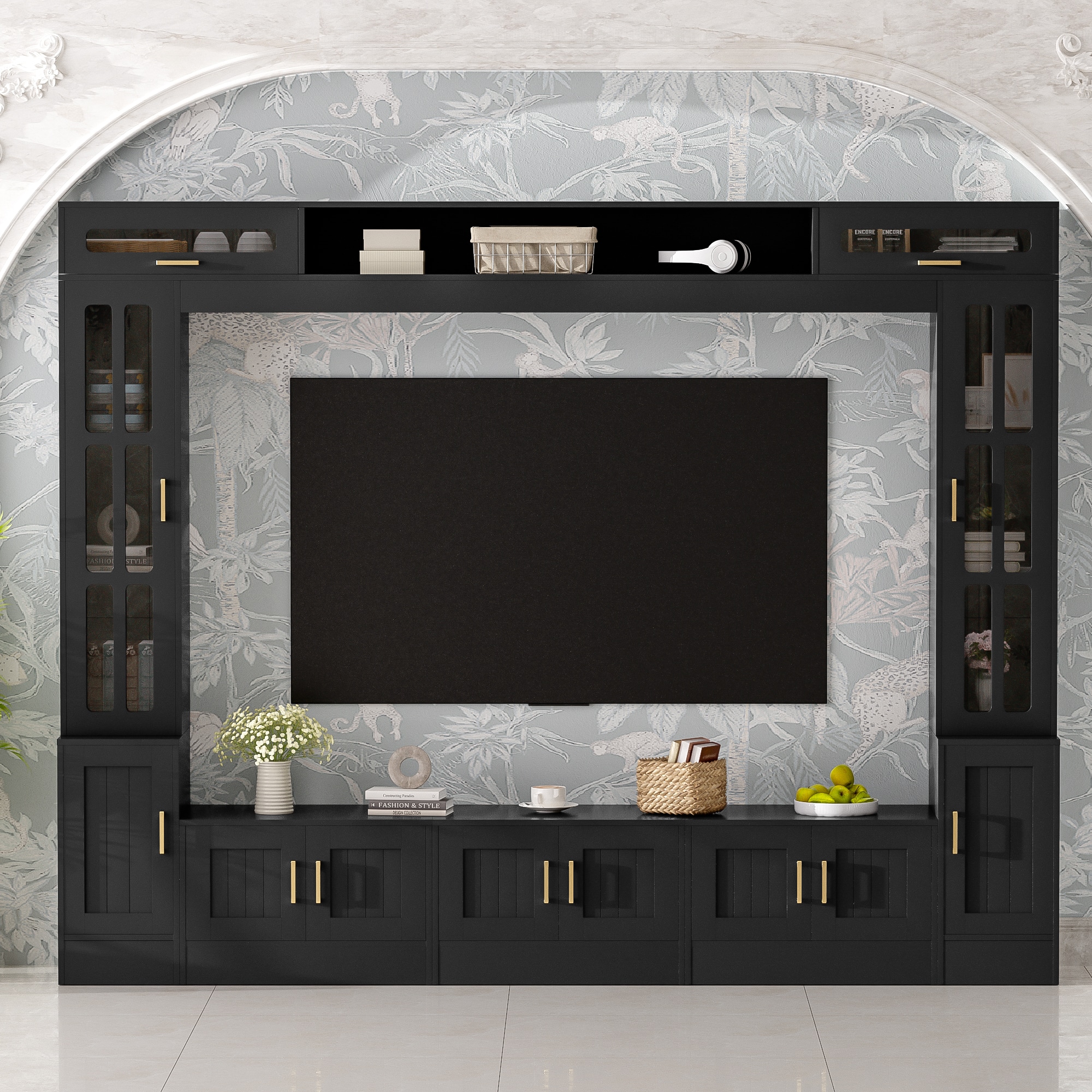 PexFix - Modern Entertainment Center for 80" TVs, Wall Unit with Bookshelves, Glass Door Cabinets & Adjustable Shelves - Black