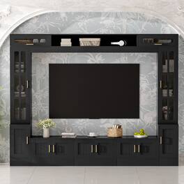 PexFix - Modern Entertainment Center for 80" TVs, Wall Unit with Bookshelves, Glass Door Cabinets & Adjustable Shelves - Black