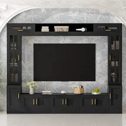 Front. PexFix - Modern Entertainment Center for 80" TVs, Wall Unit with Bookshelves, Glass Door Cabinets & Adjustable Shelves - Black.