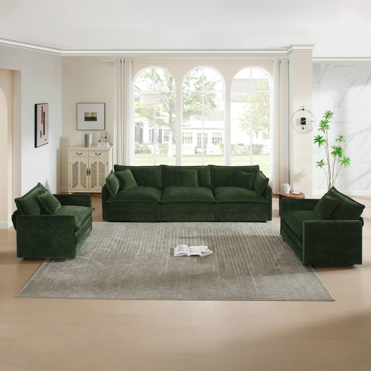 Front. Ropilly - Ropilly 3 Piece Sofa Set, Green Chenille Living Room Sofa Set with Modern Round Arms and 3 Seater Sofa with Chairs - Green.