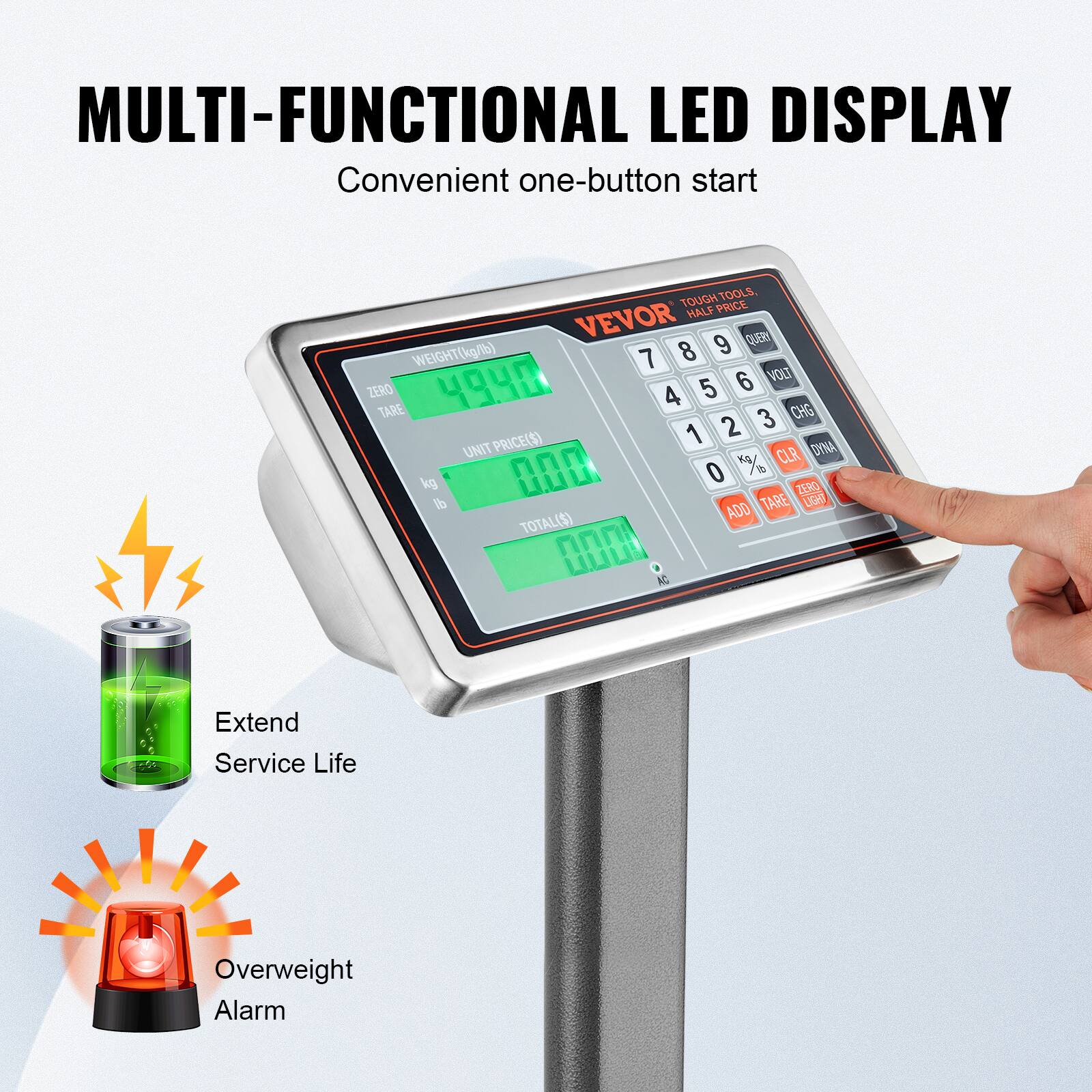 MULTI-FUNCTIONAL LED DISPLAY  
Convenient one-button start  

TOUGH TOOLS HALF PRICE  
VEVOR Q53  

WEIGHT (kg/lb) 49.40  
UNIT PRICE($) 0.00  
TOTAL($) 0.00  

Extend Service Life  
Overweight Alarm