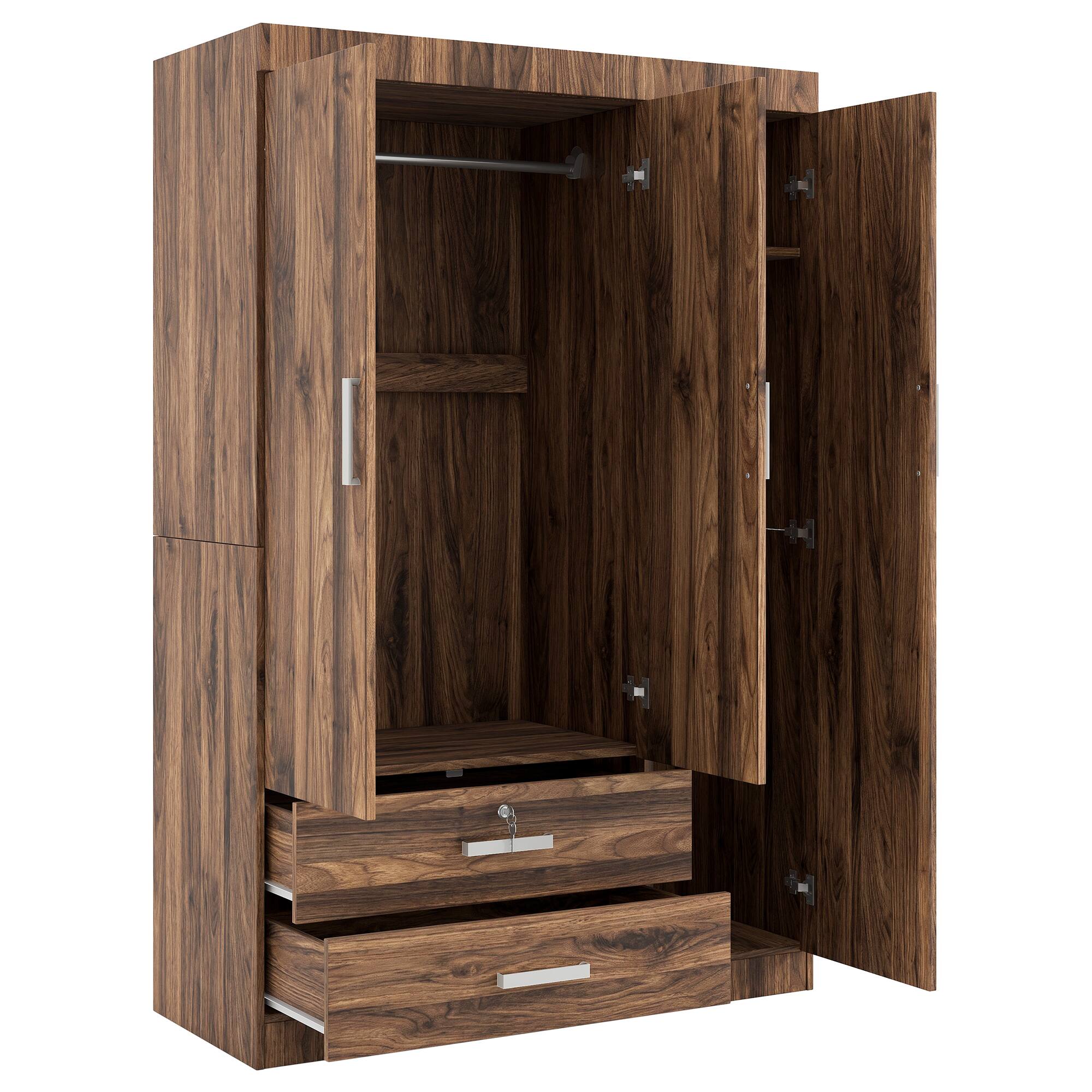 Left. Whisen - 3-Door Wooden Wardrobe with 2 Hanging Rods and Drawers,Large Capacity Storage Closet Armoire - Brown.