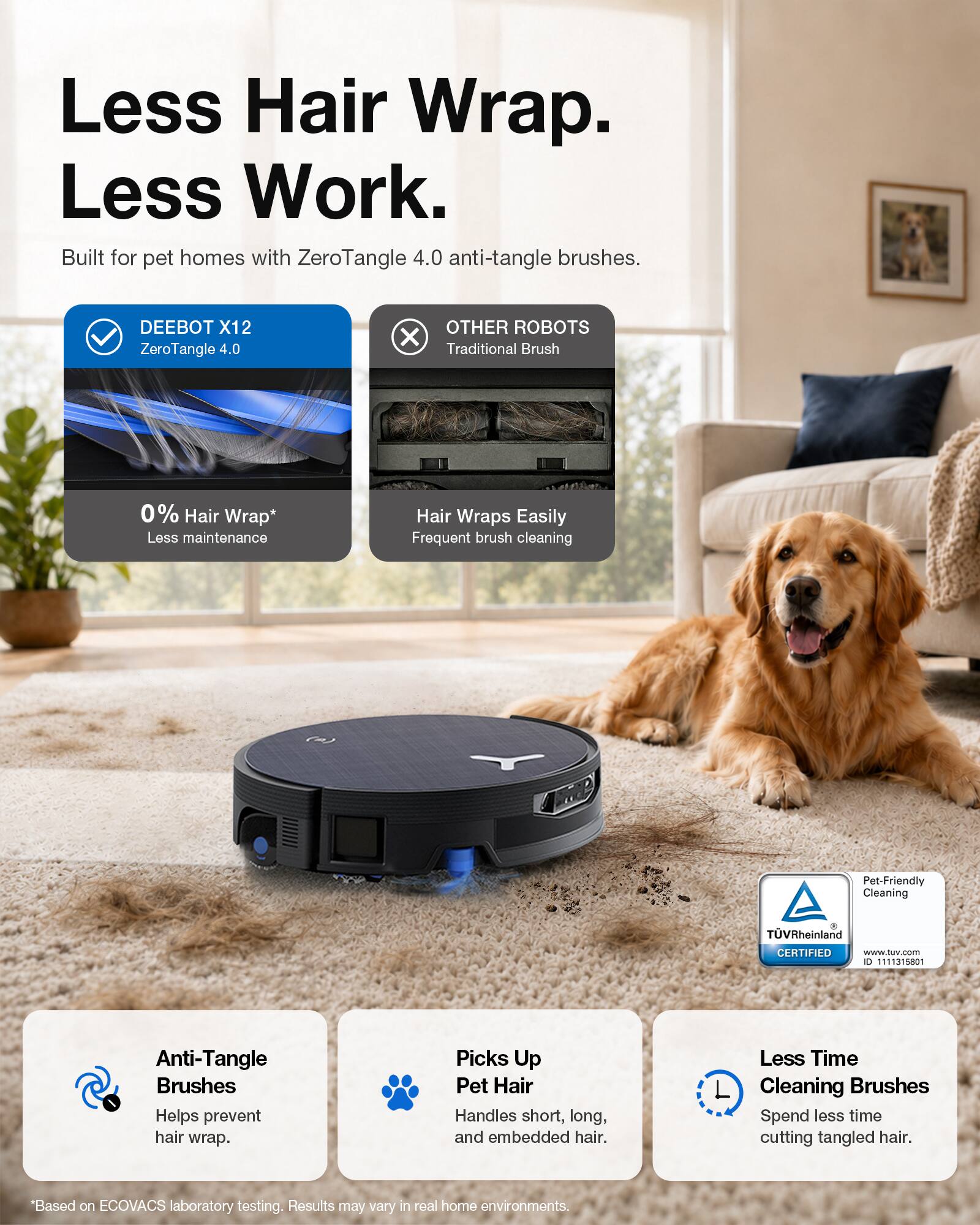 Less Hair Wrap. Less Work.  
Built for pet homes with ZeroTangle 4.0 anti-tangle brushes.  

DEEBOT X12 ZeroTangle 4.0  
OTHER ROBOTS X Traditional Brush  

0% Hair Wrap* Less maintenance  
Hair Wraps Easily Frequent brush cleaning  

Pet-Friendly Cleaning  
TÜVRheinland CERTIFIED www.tuv.com D 1111315801  

Anti-Tangle Brushes Helps prevent hair wrap.  
Picks Up Pet Hair Handles short, long, and embedded hair.  
Less Time Cleaning Brushes Spend less time cutting tangled hair.  

*Based on ECOVACS laboratory testing. Results may vary in real home environments.