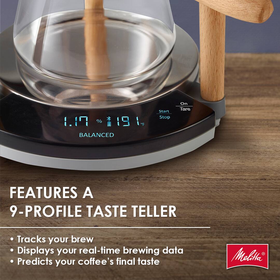 1.17 % 19 E BALANCED

FEATURES A 9-PROFILE TASTE TELLER

- Tracks your brew
- Displays your real-time brewing data
- Predicts your coffee's final taste

Melitta