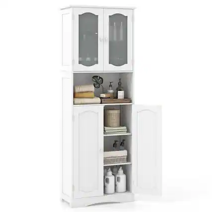 Front. Pefilos - 64.5" Tall Freestanding Bathroom Storage Cabinet with Frost Glass Doors and Shelves, Pantry Cabinets, White - White.