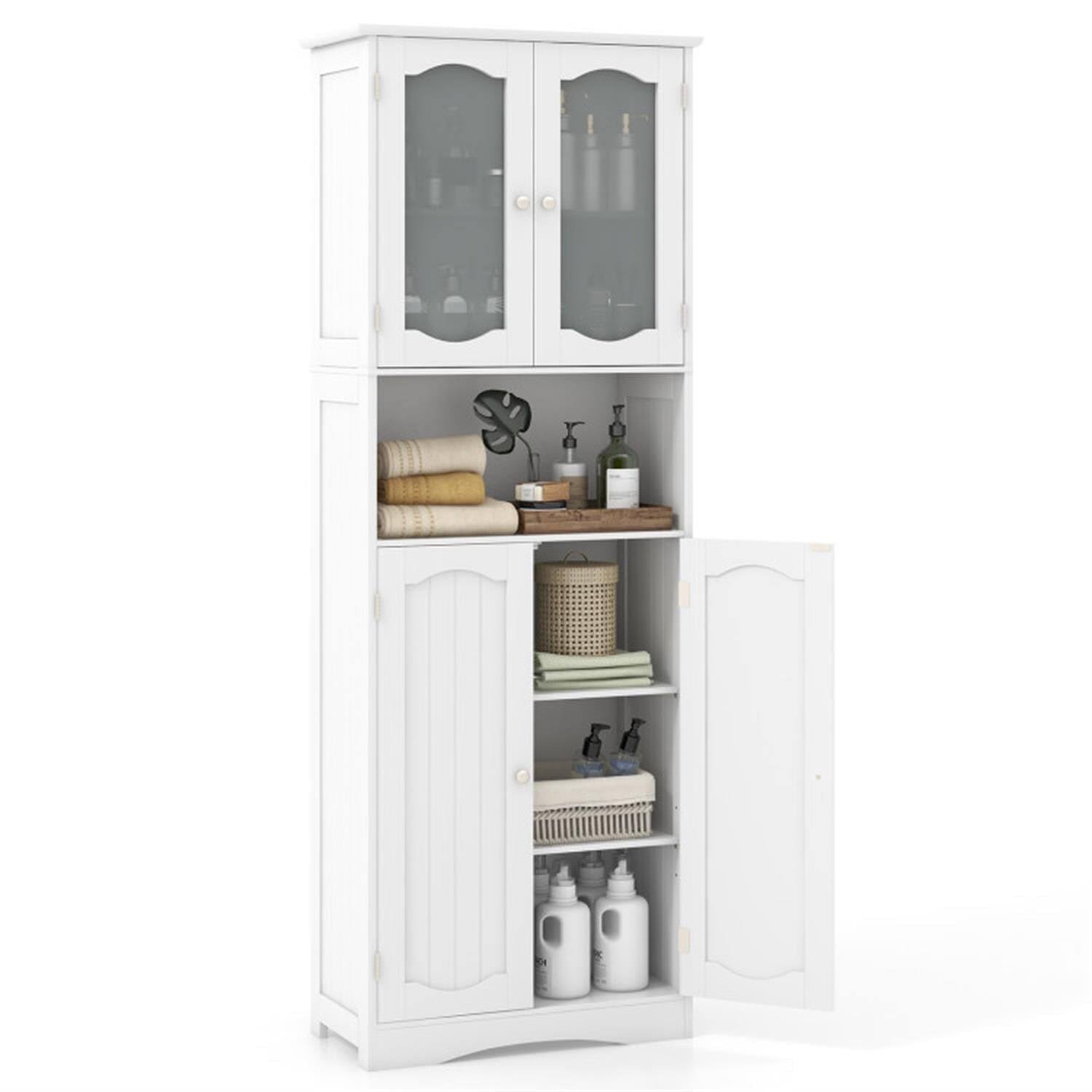 Front. Pefilos - 64.5" Tall Freestanding Bathroom Storage Cabinet with Frost Glass Doors and Shelves, Pantry Cabinets, White - White.