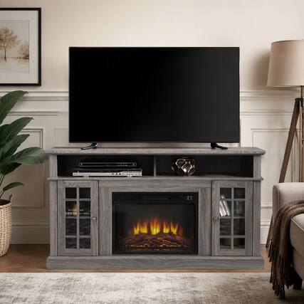 Front. RYHNUYNE - Dark Walnut Media Console with 23-Inch Electric Fireplace, Fits TVs Up to 65 Inches, Adjustable Shelves - Black.