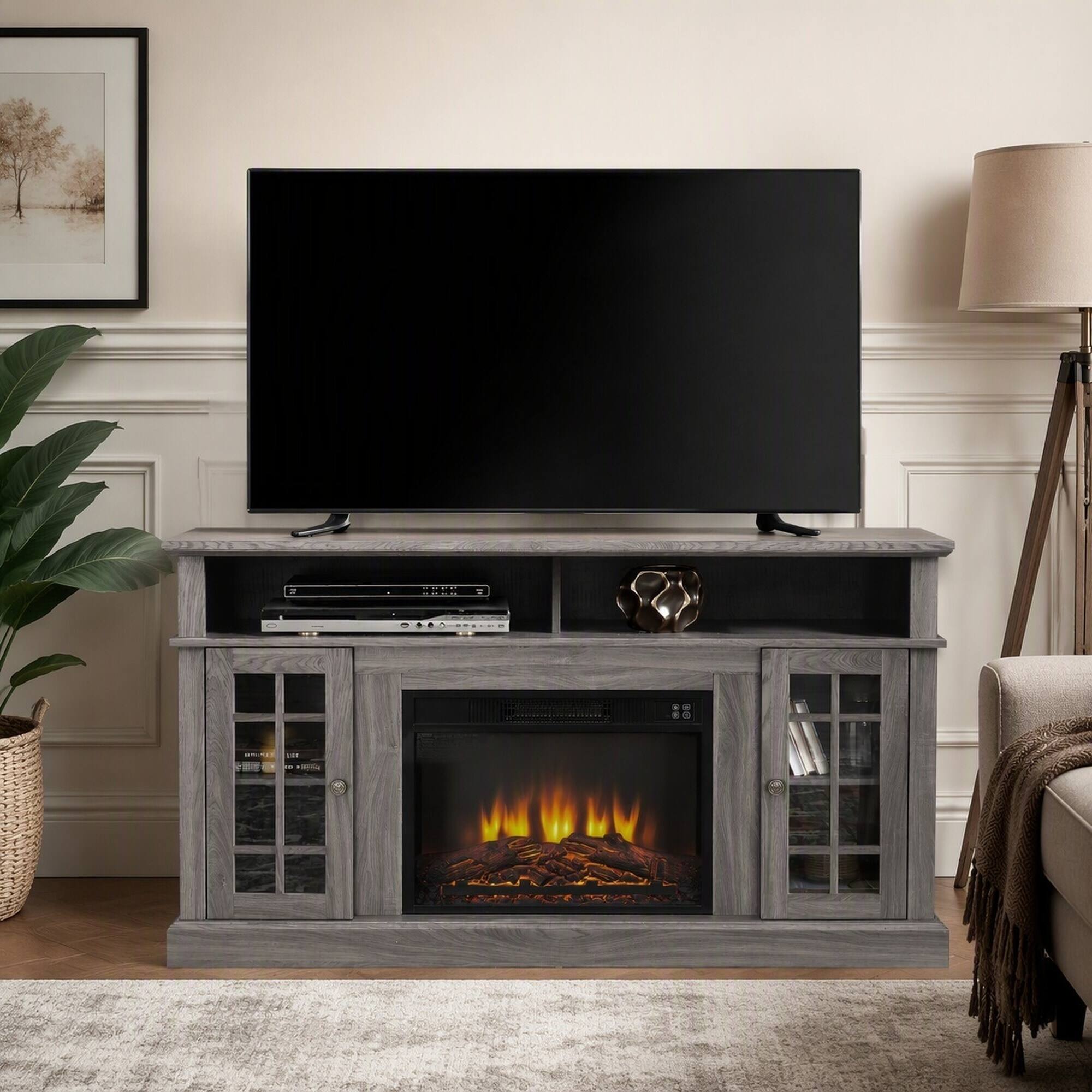 Front. RYHNUYNE - Dark Walnut Media Console with 23-Inch Electric Fireplace, Fits TVs Up to 65 Inches, Adjustable Shelves - Black.