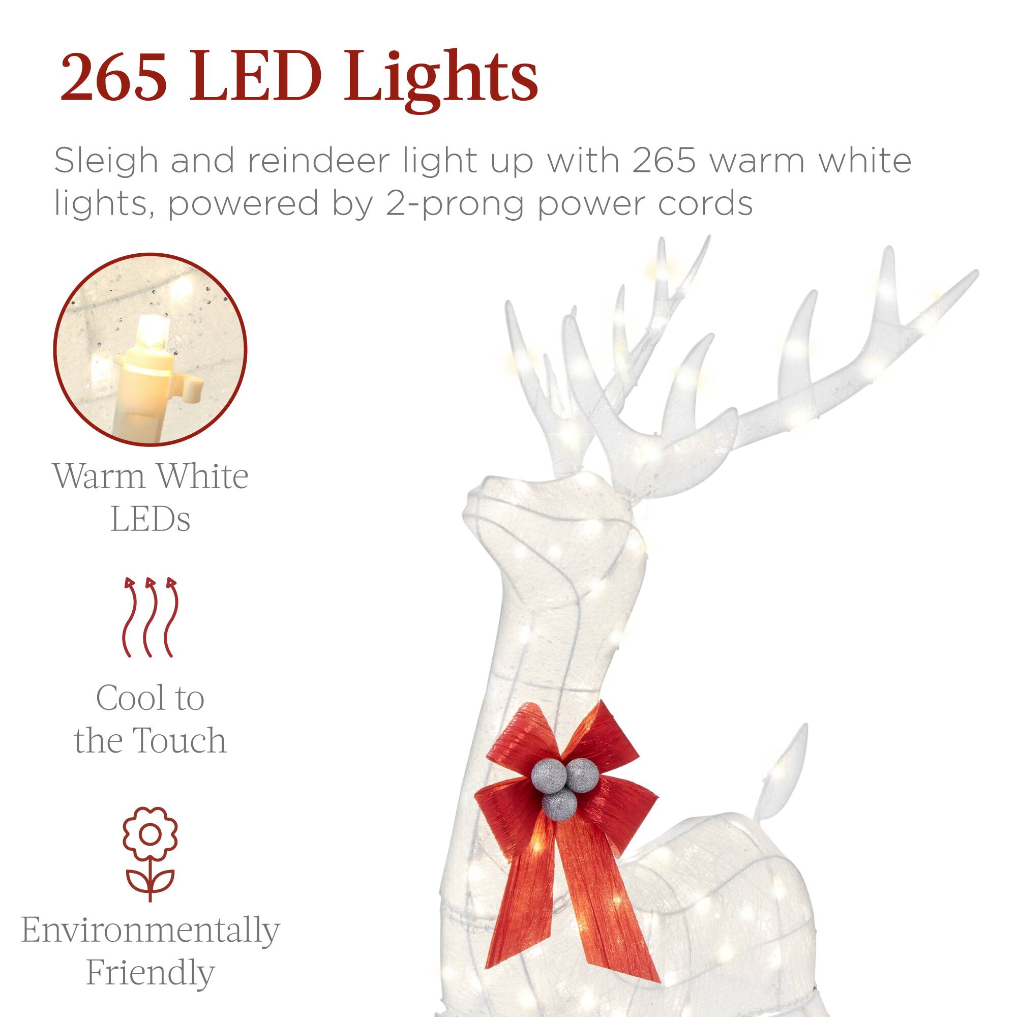 265 LED Lights

Sleigh and reindeer light up with 265 warm white lights, powered by 2-prong power cords

- Warm White LEDs
- Cool to the Touch
- Environmentally Friendly