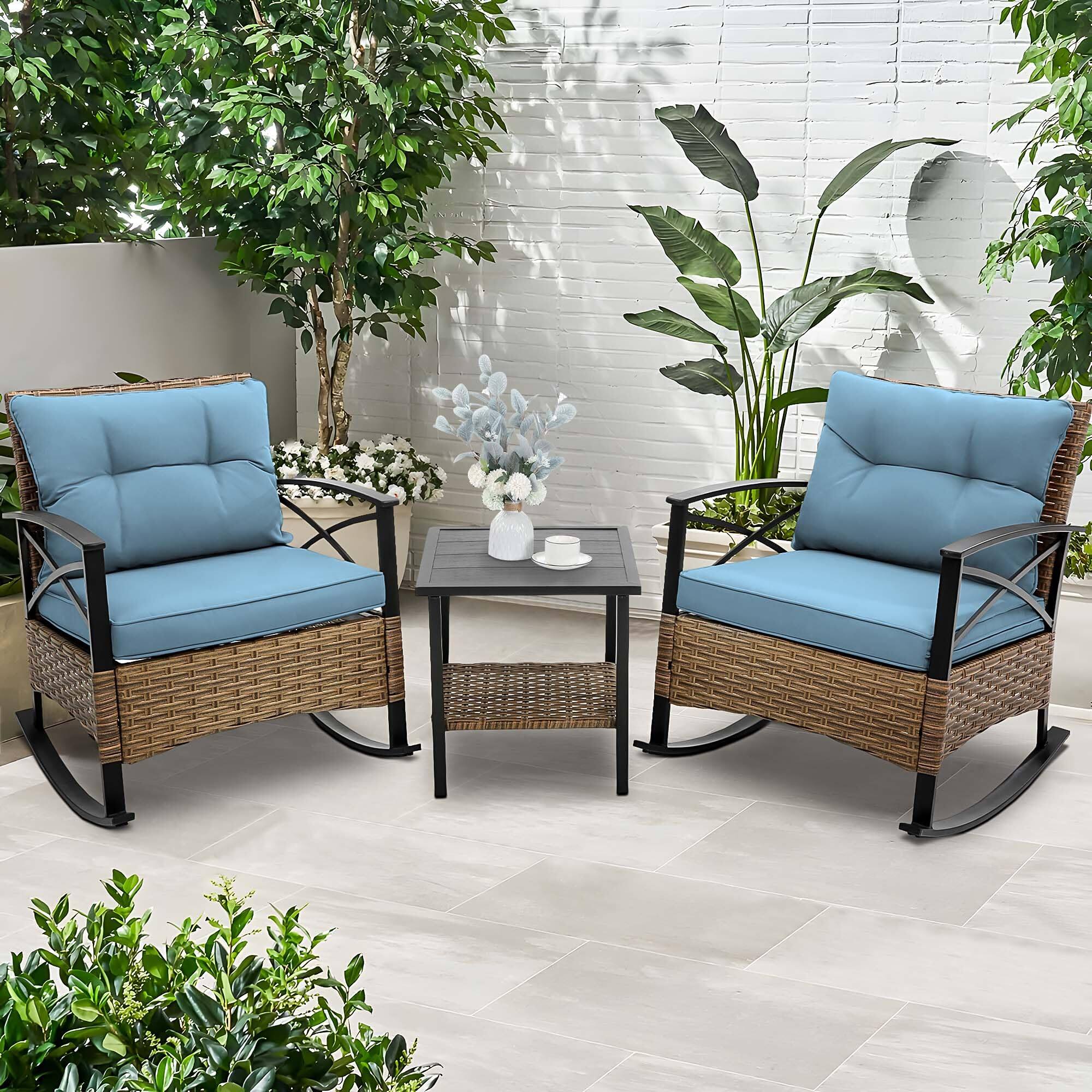 Alt View 1. Ecooso - 3-Piece Rocking Rattan Outdoor Leisure Chair Set - Blue.