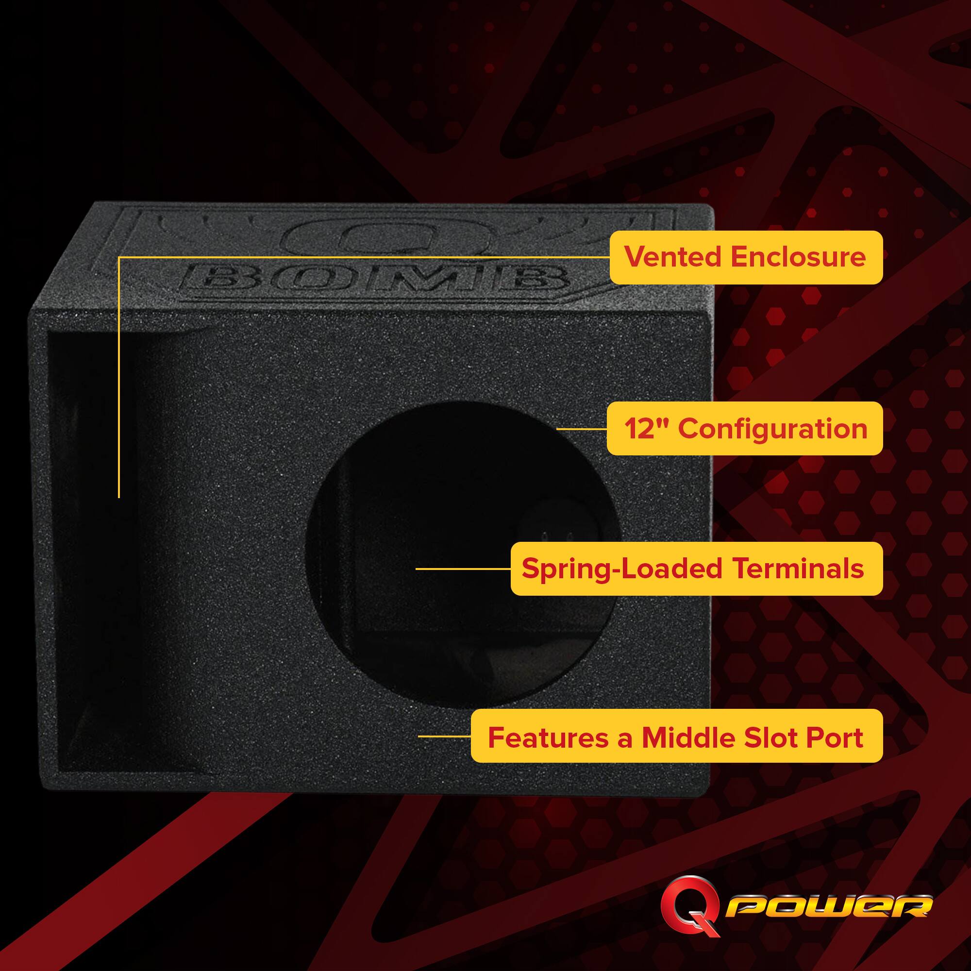 Vented Enclosure  
BOMB 500  
12" Configuration  
Spring-Loaded Terminals  
Features a Middle Slot Port  

Q POWER