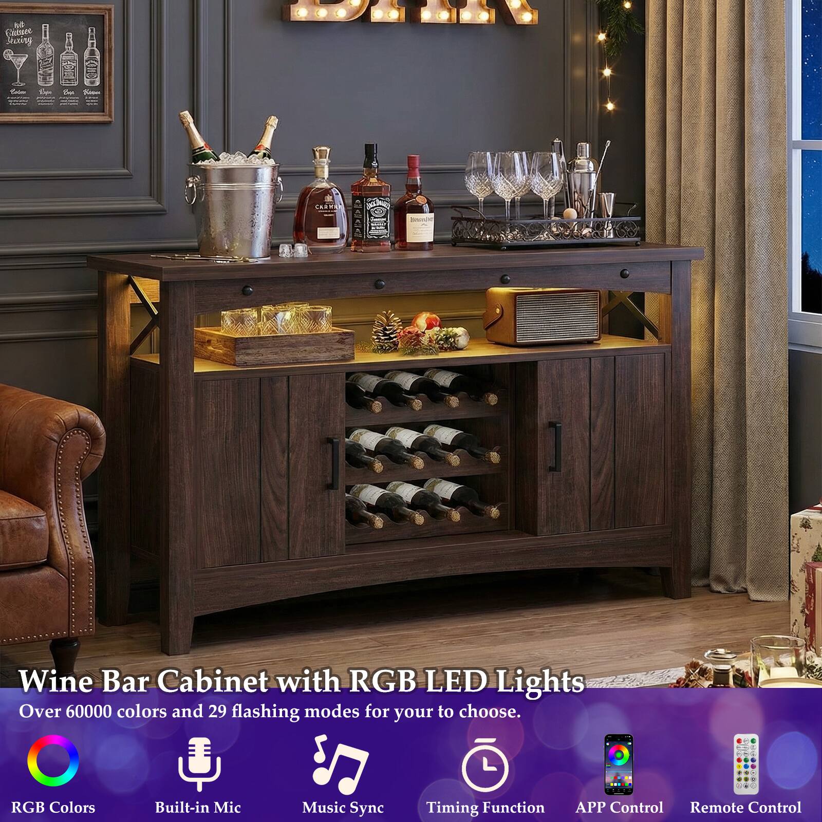Wine Bar Cabinet with RGB LED Lights

Over 60000 colors and 29 flashing modes for you to choose.

RGB Colors
Built-in Mic
Music Sync
Timing Function
APP Control
Remote Control