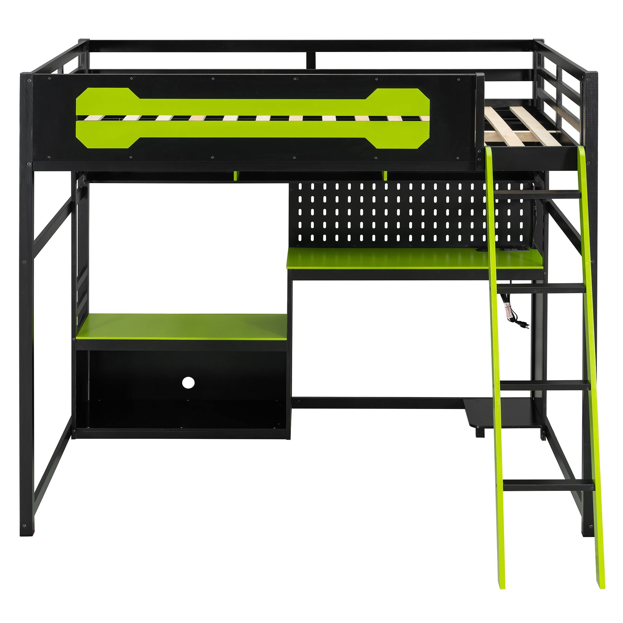 Back. Anysun - Full Size Wood Loft Bed with Desk - Includes Shelves, LED Lights, USB Ports and Pegboard - Green.