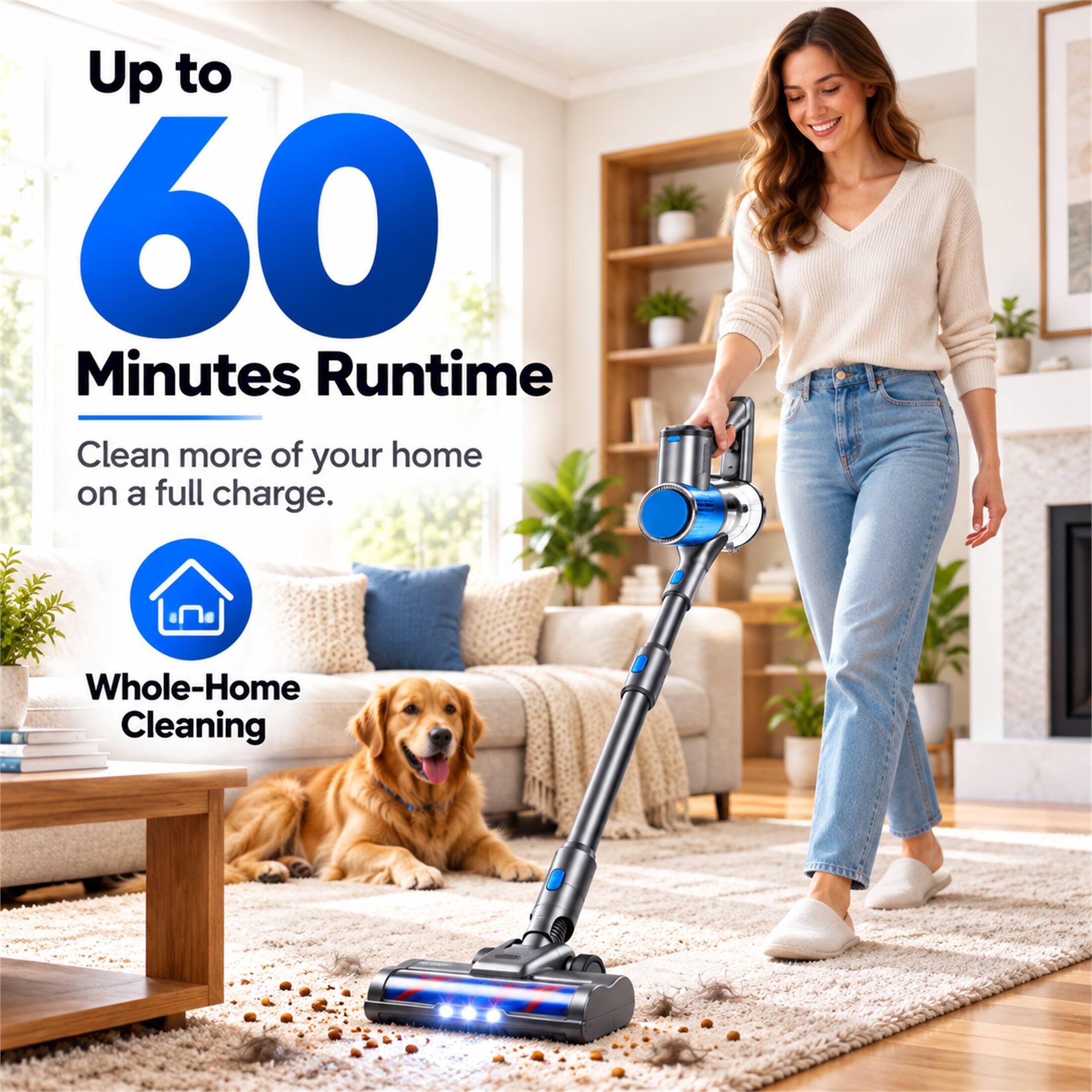 Up to 60 Minutes Runtime  
Clean more of your home on a full charge.  
Whole-Home Cleaning