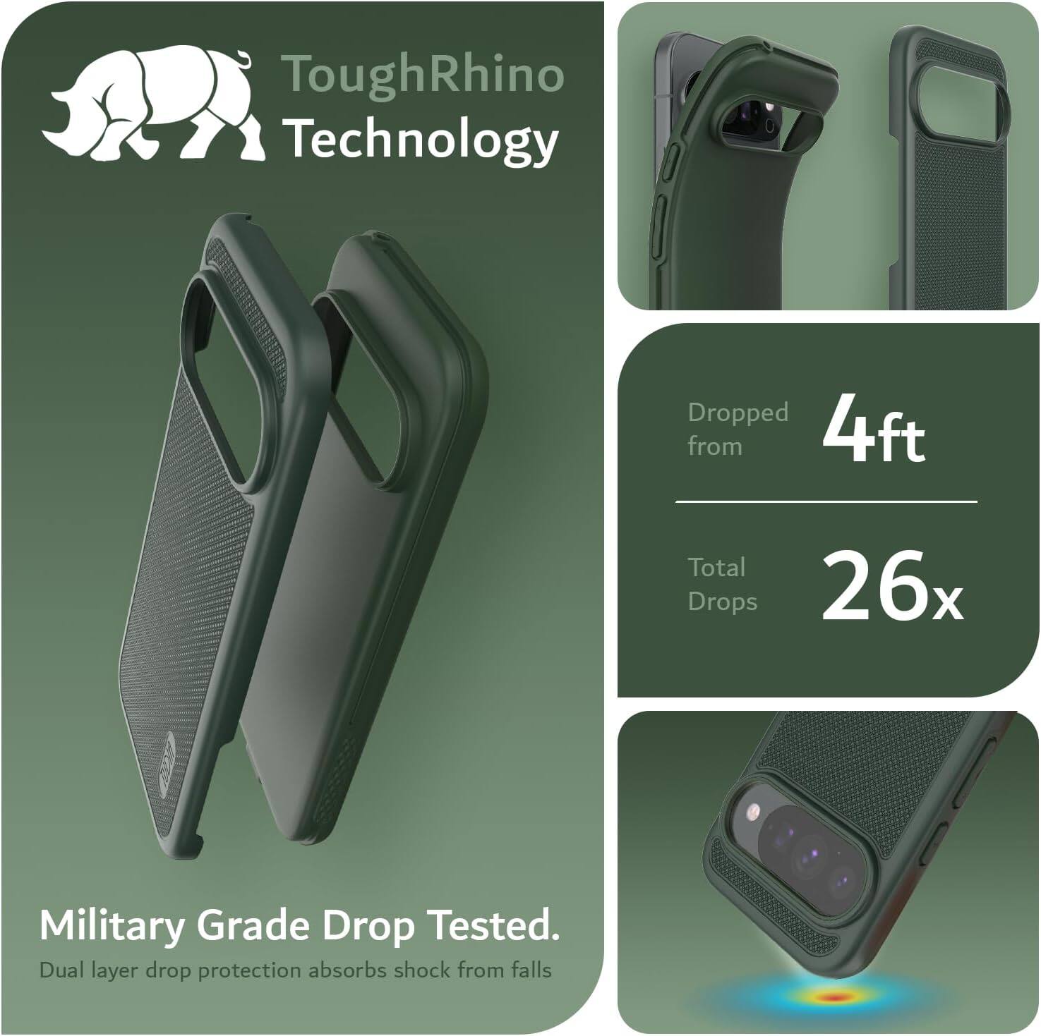 ToughRhino Technology

Dropped from 4ft

Total Drops 26x

Military Grade Drop Tested.
Dual layer drop protection absorbs shock from falls