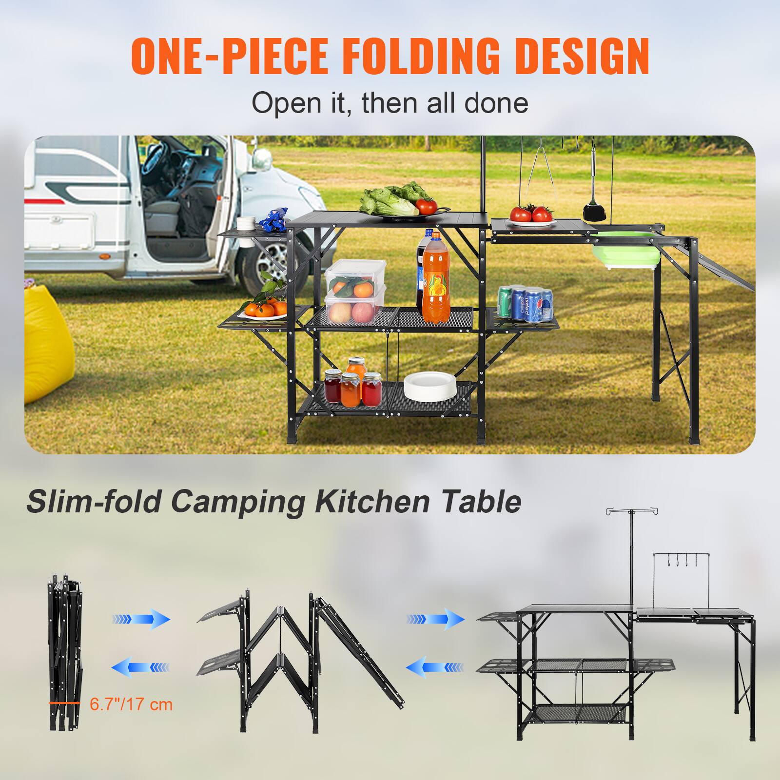 ONE-PIECE FOLDING DESIGN
Open it, then all done
Slim-fold Camping Kitchen Table
6.7"/17 cm