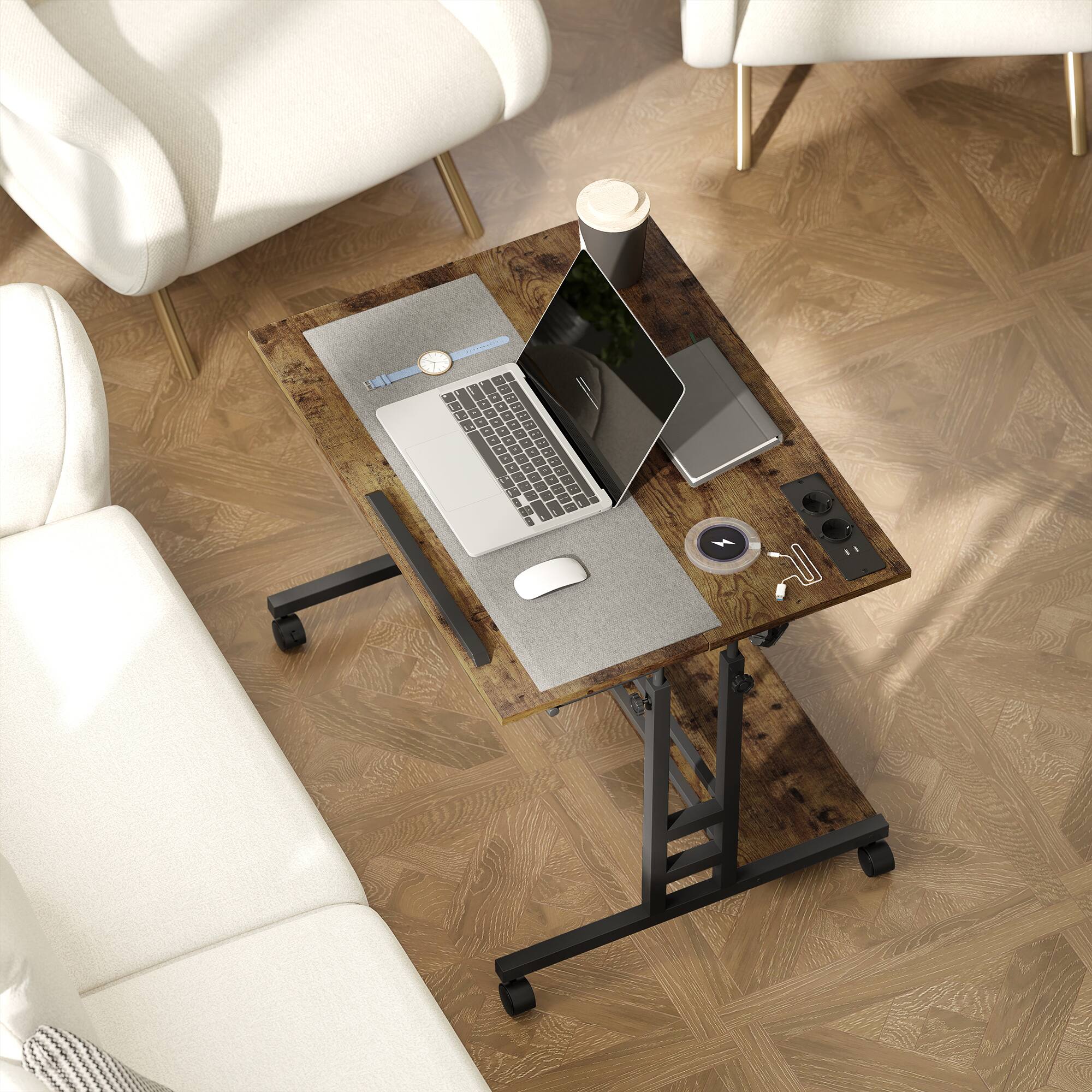 Alt View 8. Homcom - Height Adjustable Standing Desk with Power Outlets, Tiltable Tabletop and Lockable Wheels - Brown.