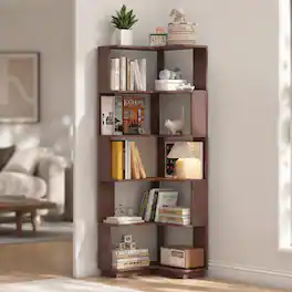 RYHNUYNE - 64.57 in H L-Shaped Corner Bookshelf with Anti-Drop Panels Engineered Wood 6-Tier Freestanding Bookcase Dark - Red