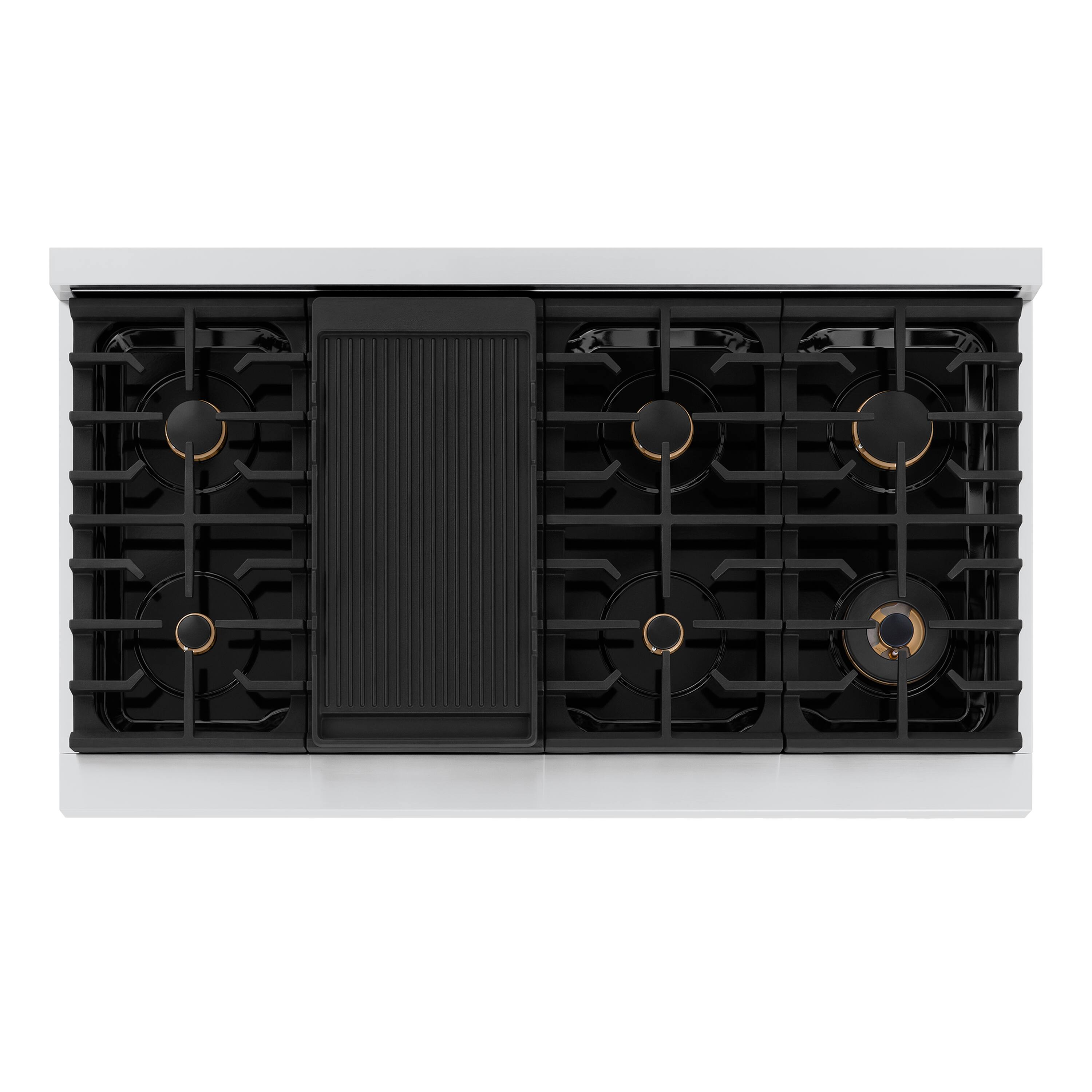 Left. ZLINE - 48 in. Wide 8 Burner Autograph 6.7 cu. ft. Freestanding Paramount Dual Fuel Range with Gold Helix Handles - Stainless Steel.