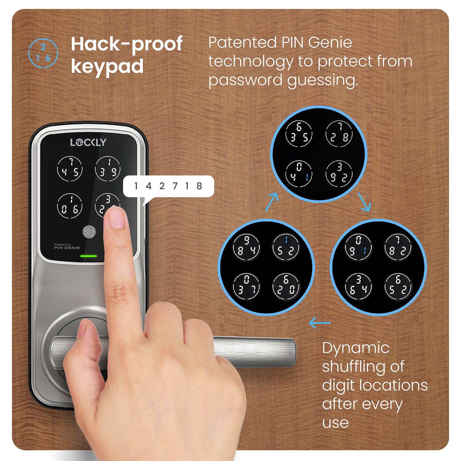 Hack-proof Patented PIN Genie technology protects from password guessing. LOCKLY keypad features 14 buttons, including numbers 0-9, and a power button. The keypad is designed to provide dynamic shuffling of digit locations after every use, ensuring enhanced security.