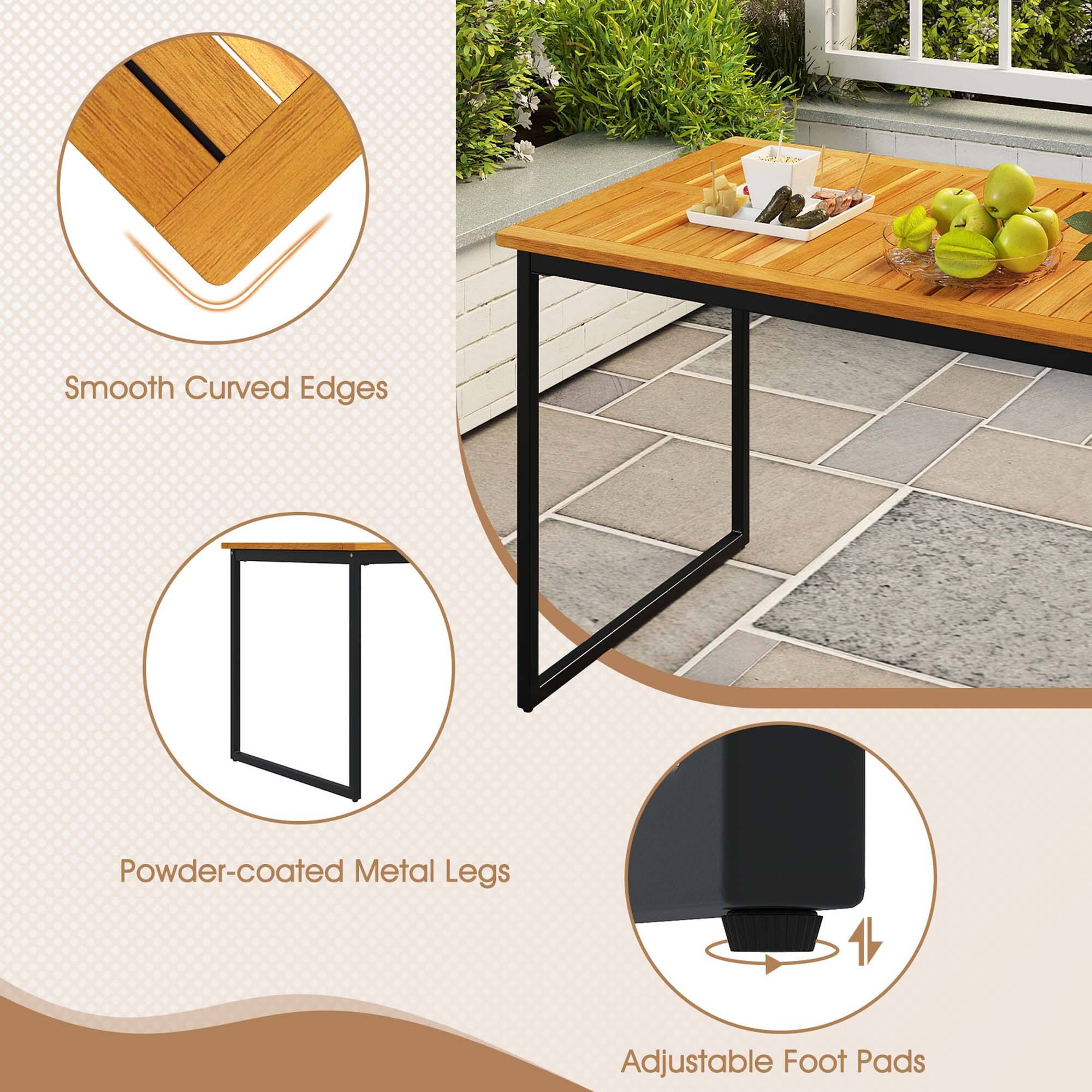 The text on the image is grouped as follows:

1. Smooth Curved Edges
2. Powder-coated Metal Legs
3. Adjustable Foot Pads