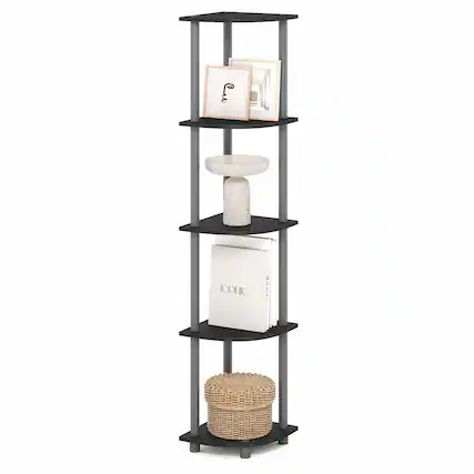 Front. Furinno - TURN-N-TUBE 5 Tier Corner Shelf, Corner Bookshelf, Display Shelf for Living Room, Bedroom - Black/Grey.