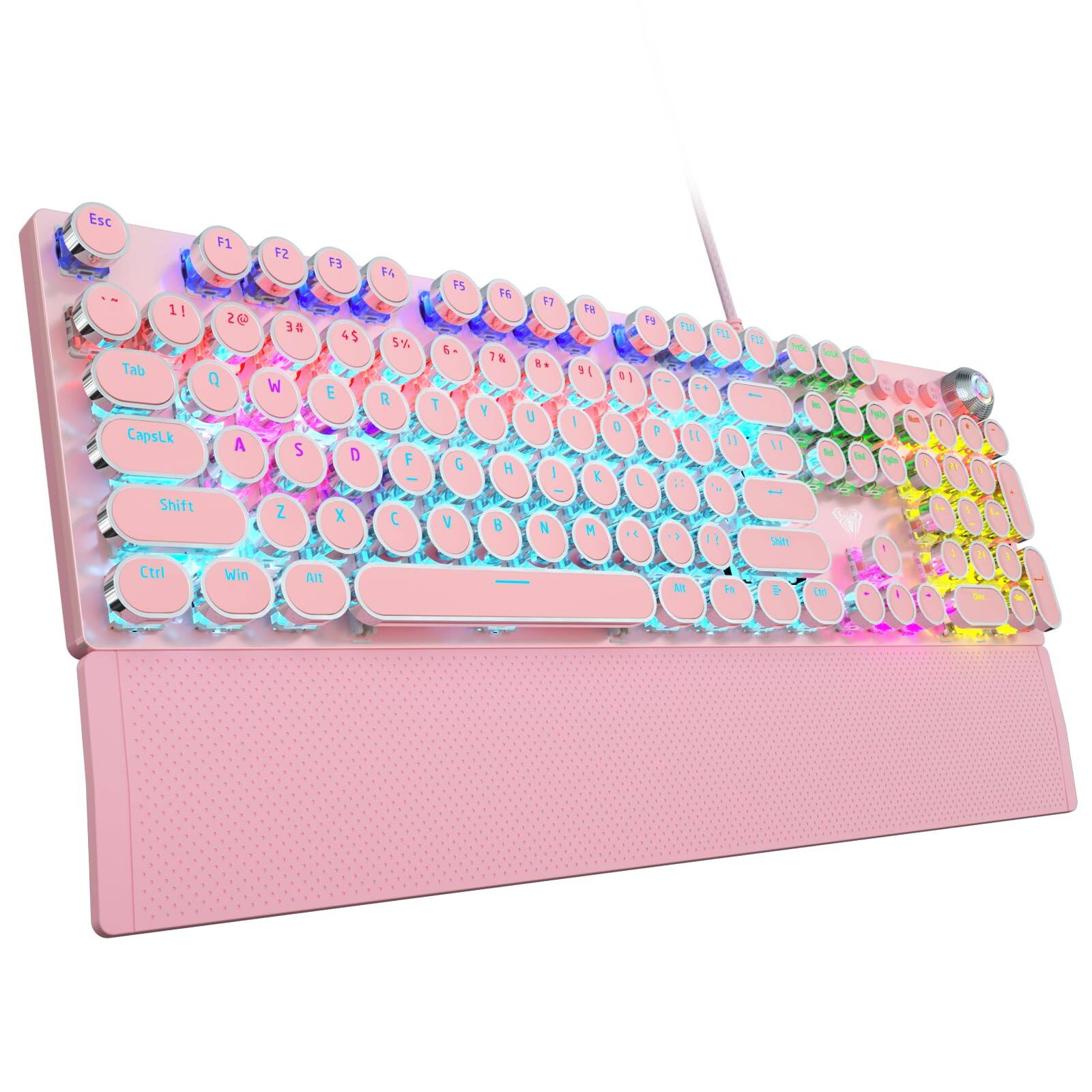 METALTON - F2088 Typewriter Style Rainbow Removable Wrist Rest Media Control Knob Retro Punk Round Computer - Pink | Clicky Blue Switches