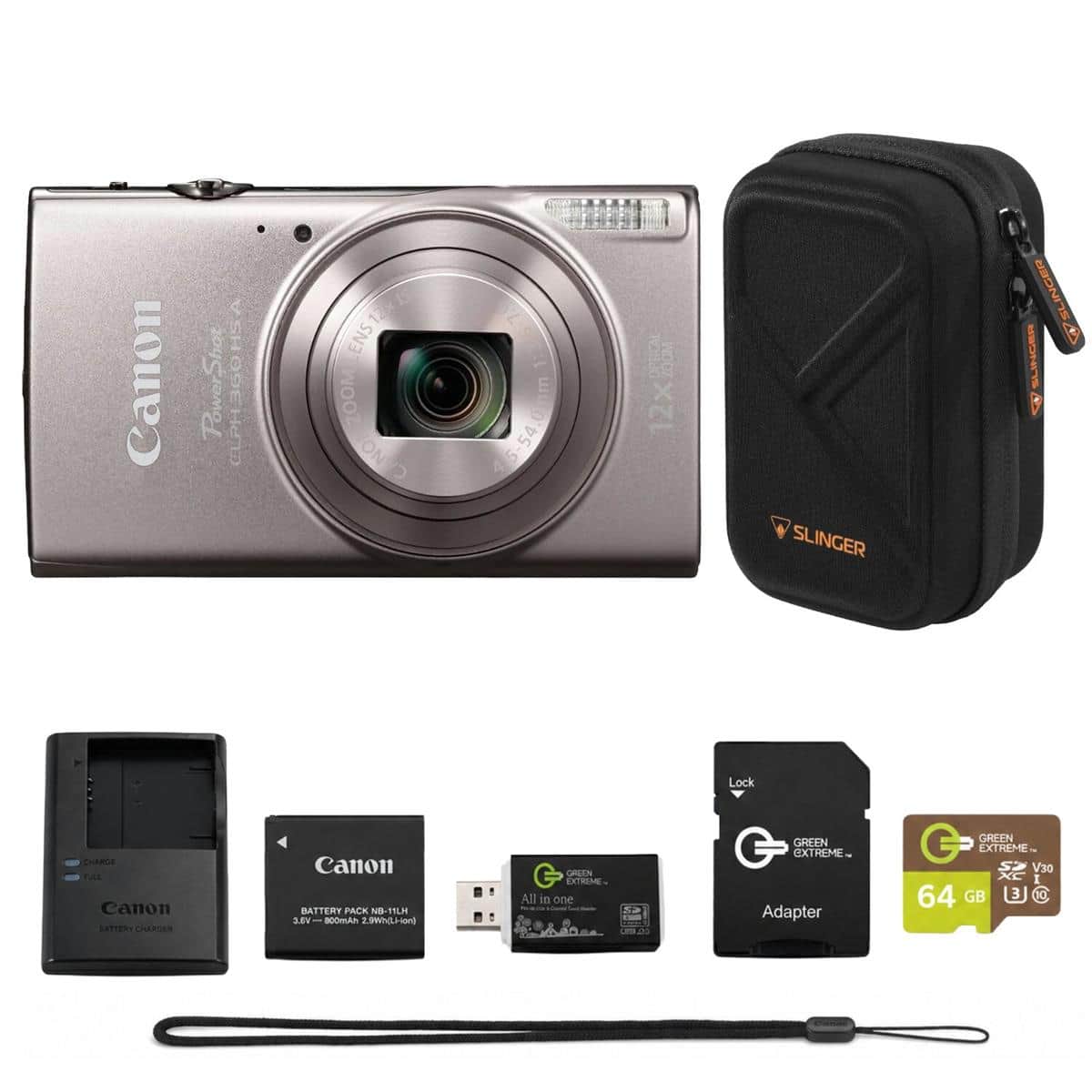 Bundle - Canon - PowerShot ELPH 360 HS Digital Camera with 64GB microSD Card, SD Adapter, USB Card Reader, Slinger Hardshell
