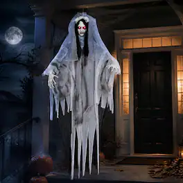 Costway - 6 FT Animated Ghost Bride Halloween Decoration with Creep Sound & Lighted Eyes - Black + White
