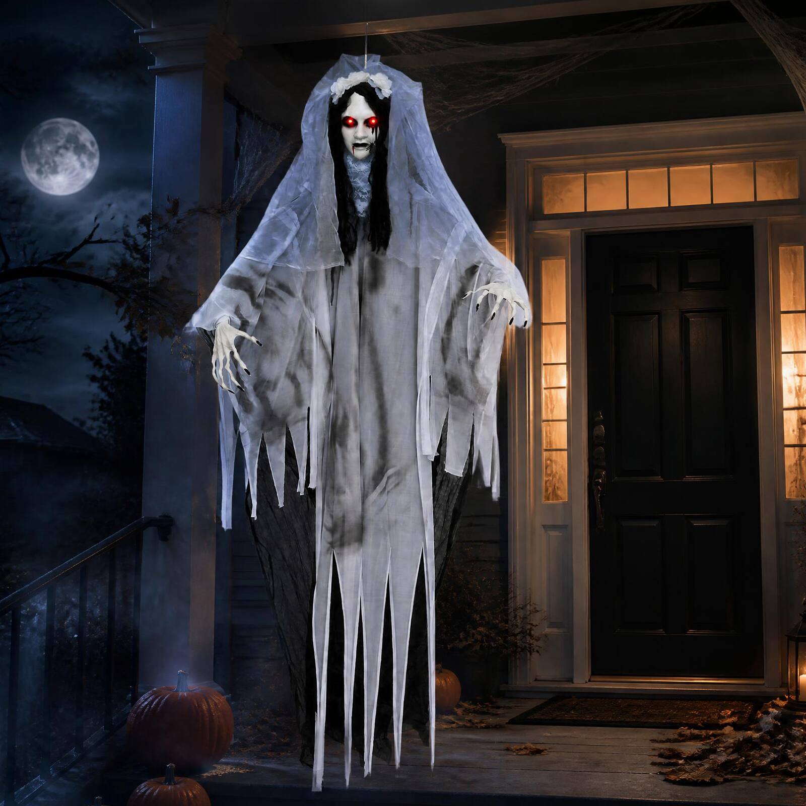 Front. Costway - Costway 6 FT Animated Ghost Bride Halloween Decoration with Creep Sound & Lighted Eyes - Black + White.