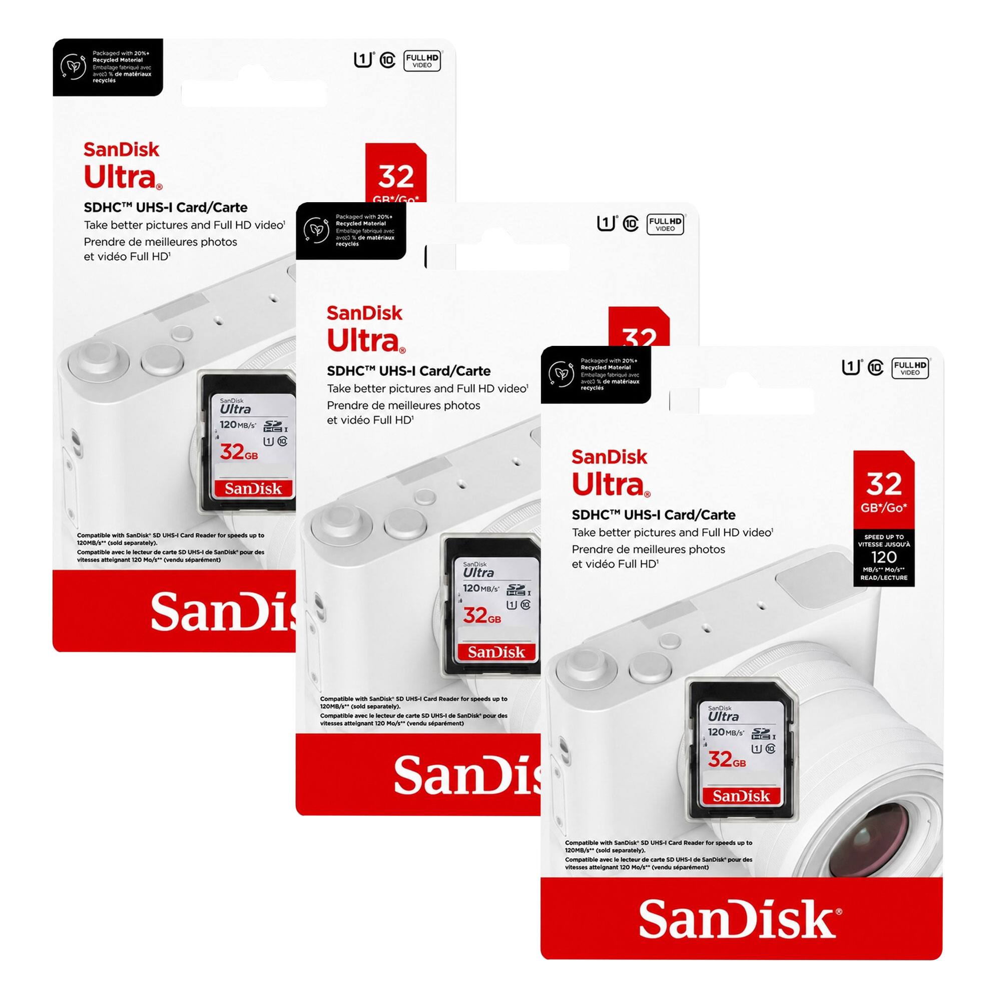 SanDisk Ultra SDHC UHS-I Card/Carte  
Take better pictures and Full HD video  
Prendre de meilleures photos et vidéo Full HD  
32 GB  

SanDisk Ultra SDHC UHS-I Card/Carte  
Take better pictures and Full HD video  
Prendre de meilleures photos et vidéo Full HD  
32 GB  

SanDisk Ultra SDHC UHS-I Card/Carte  
Take better pictures and Full HD video  
Prendre de meilleures photos et vidéo Full HD  
32 GB