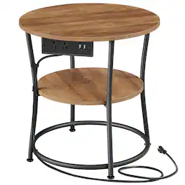 Songmics Home - Side Table, 2-Tier Round End Table with Power Outlets, Nightstand with Steel Frame for Small Spaces - Honey Brown and Ink Black