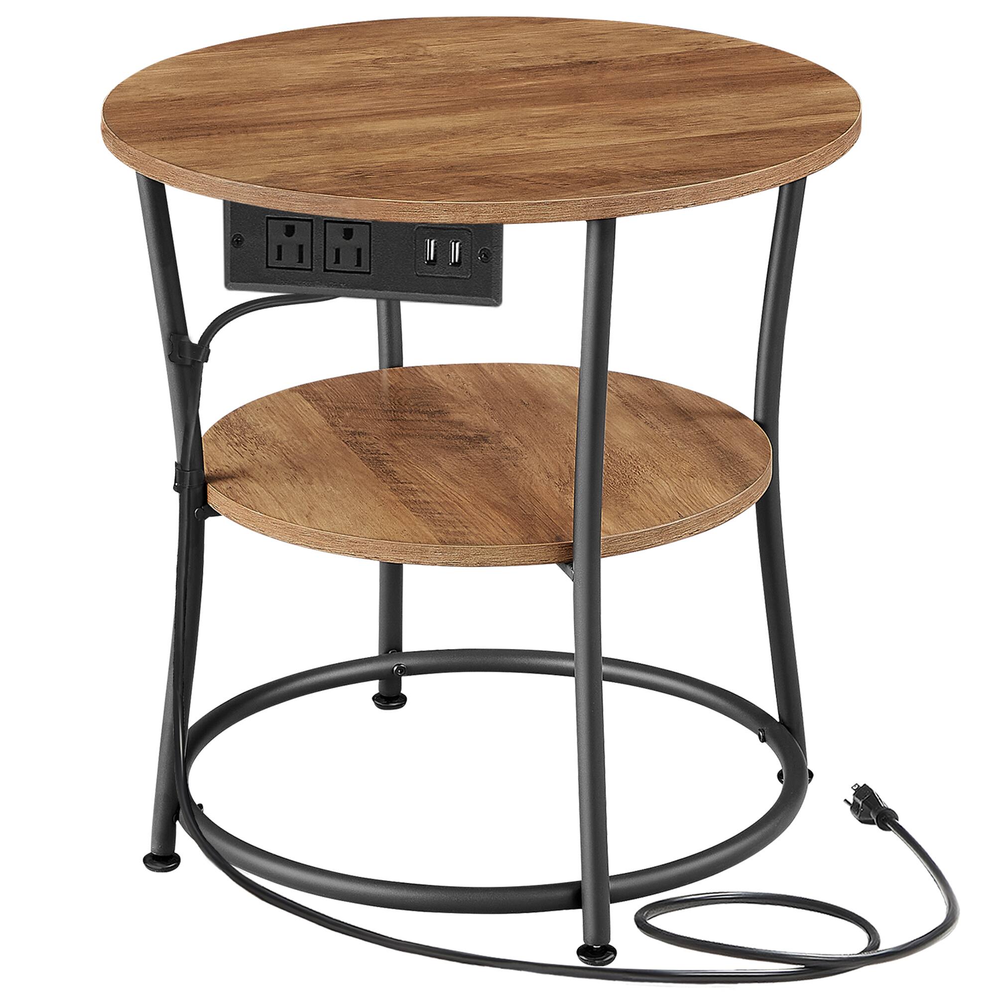Front. Songmics Home - Side Table, 2-Tier Round End Table with Power Outlets, Nightstand with Steel Frame for Small Spaces - Honey Brown and Ink Black.