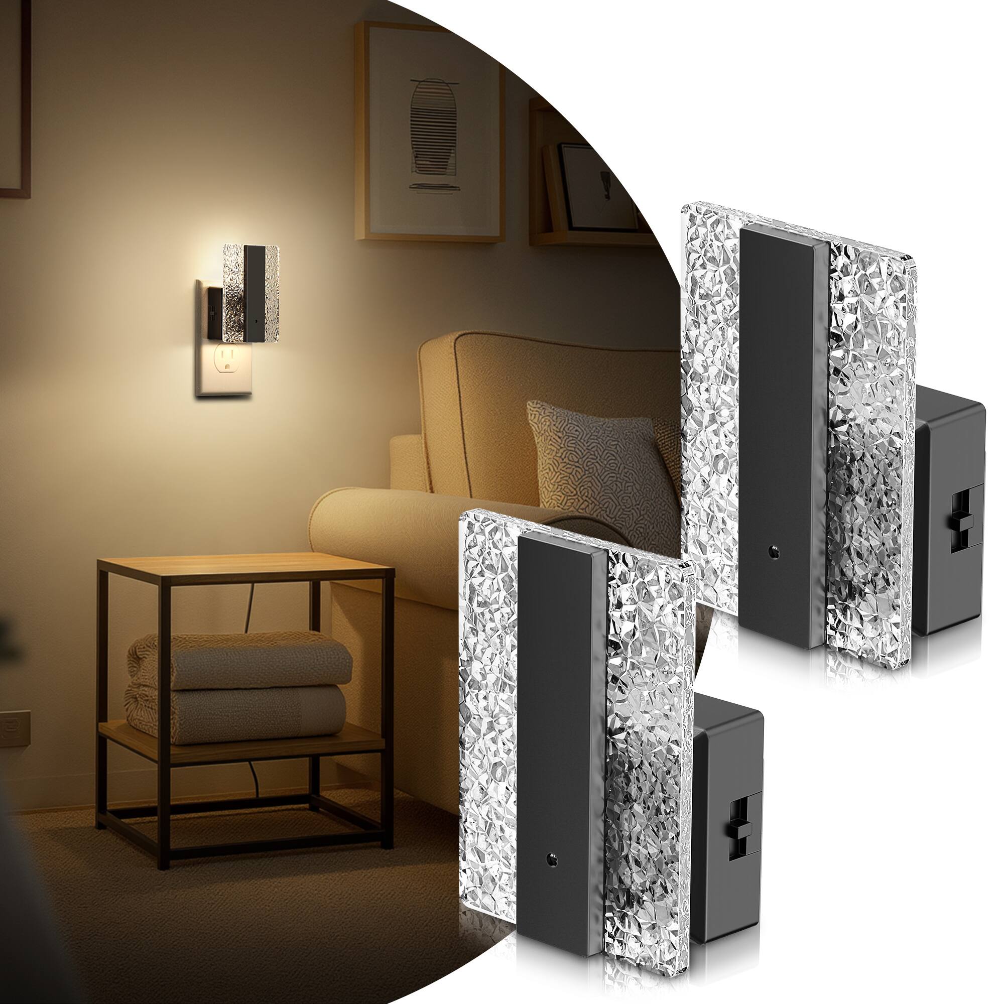 Angle. Jandcase - JANDCASE 2-Pack 1W  Plug-in Night Light, 3000K Warm Glow, Crushed Acrylic Square Design,  0-100%, Dusk-to-Dawn Sensor - Black.