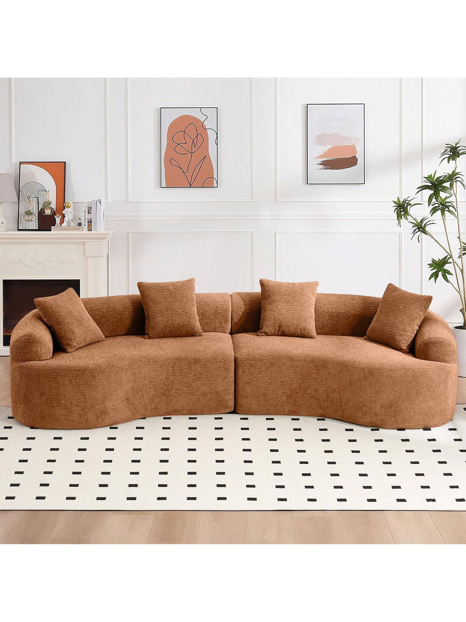 Angle. Trinkets Crazed - 110" Curved Sectional Sofa For Living Room,Deep Seat Cloud Floor Couch With 4 Pillows,Chenille Upholstered Couch - Camel.