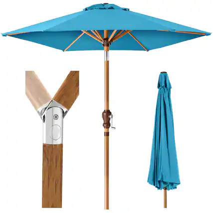 Front. Best Choice Products - Best Choice Products 10ft Outdoor Woodgrain Pattern Steel Market Patio Umbrella w/ Crank, Tilt - Sky Blue - Sky Blue - Woodgrain Finish.