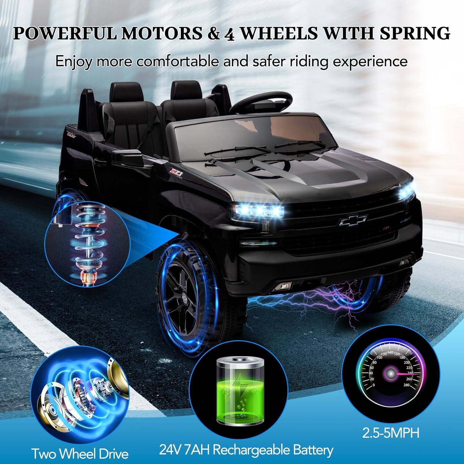 POWERFUL MOTORS & 4 WHEELS WITH SPRING  
Enjoy more comfortable and safer riding experience  

Two Wheel Drive  
24V 7AH Rechargeable Battery  
2.5-5MPH
