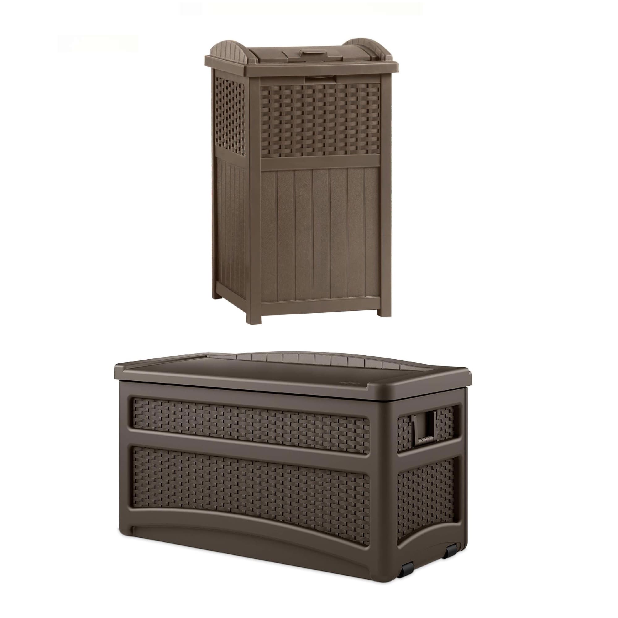 Suncast - 73 Gallon Deck Box & Wicker Trash Hideaway Outdoor Garbage Bin, Java - Brown/Java