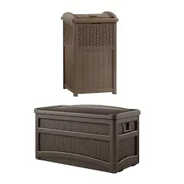Suncast - 73 Gallon Deck Box & Wicker Trash Hideaway Outdoor Garbage Bin, Java - Brown/Java