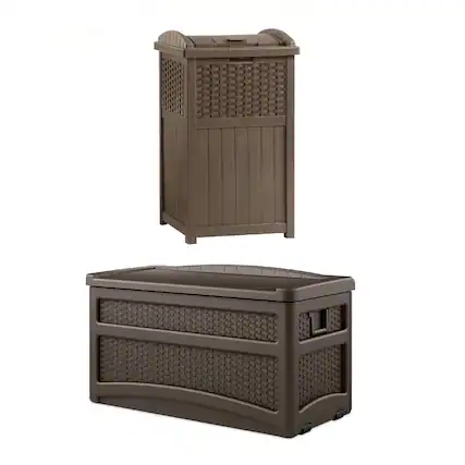 Front. Suncast - Suncast 73 Gallon Deck Box & Wicker Trash Hideaway Outdoor Garbage Bin, Java - Brown/Java.