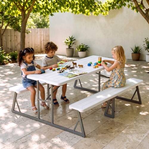 Front. Winado - 6FT Plastic Picnic Table Set with Benches, Storage Shelf, Umbrella Hole for Indoor Outdoor Dining Party Garden Camping - White.
